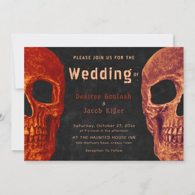 Gothic Skull Orange Black Hallowedding Invitation (Front)