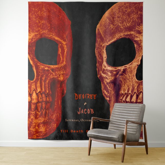 Gothic Skull Orange Black Halloween Backdrop Tapestry (In Situ)