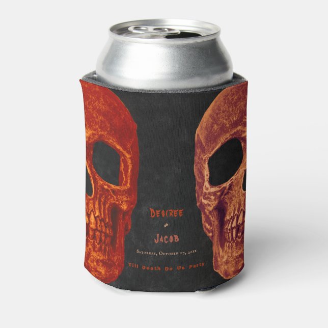 Gothic Skull Orange Black Halloween Wedding Can Cooler (Can Back)
