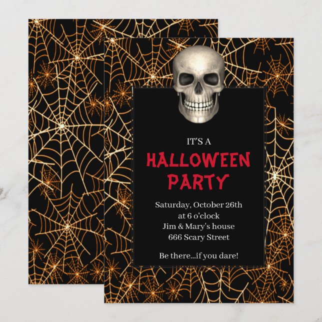 Gothic Skull Orange Spider Web Halloween Party Invitation (Front/Back)