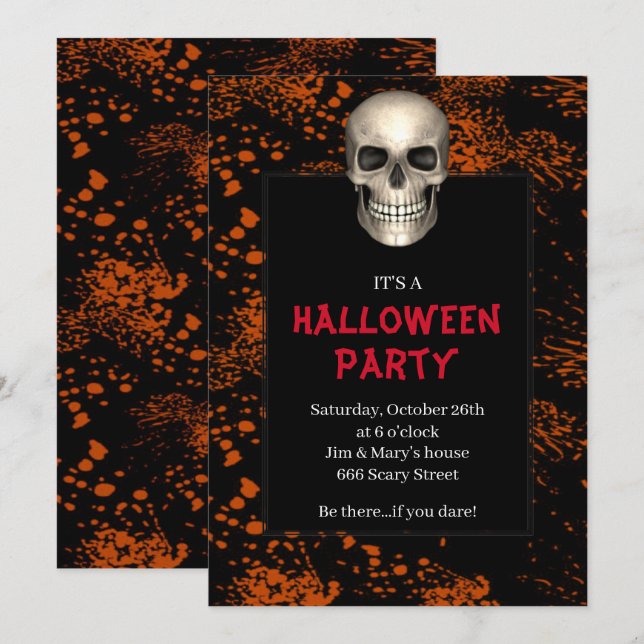 Gothic Skull Orange Splatter Halloween Party Invitation (Front/Back)