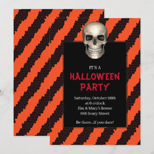 Gothic Skull Orange Stripe Halloween Party Invitation