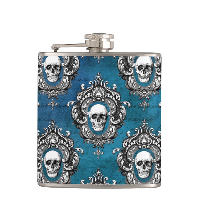 Gothic Skull Pattern on Royal Blue Hip Flask (Front)