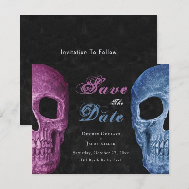 Gothic Skull Pink Blue Hallowedding Save The Date (Front/Back)