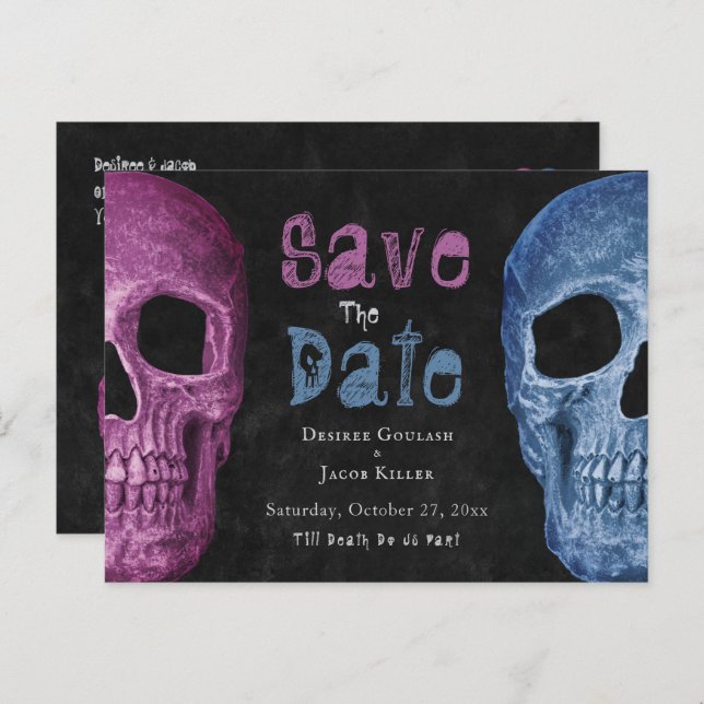 Gothic Skull Pink Blue Save The Date Announcement Postcard (Front/Back)
