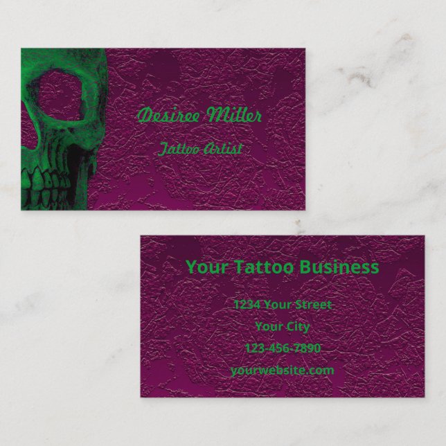 Gothic Skull Pink Neon Green Floral Tattoo Artist Business Card (Front/Back)