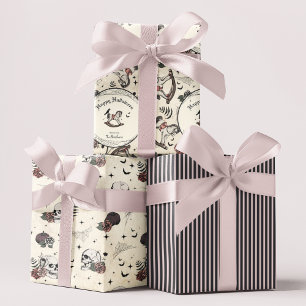 Gothic Skull Pink Roses Pumpkin Girl Halloween Wrapping Paper Sheet