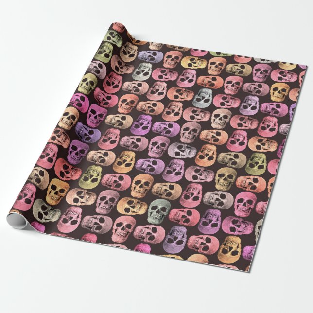Gothic Skull Pop Art Pink Green Colorful Design Wrapping Paper (Unrolled)