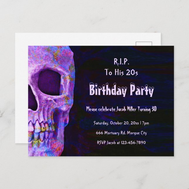 Gothic Skull Purple Birthday Party RIP To His 20s Invitation Postcard (Front/Back)