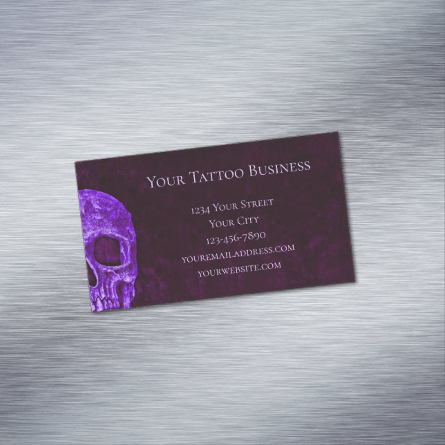Gothic Skull Purple Burgundy Tattoo Shop Magnetic Business Card (In Situ)