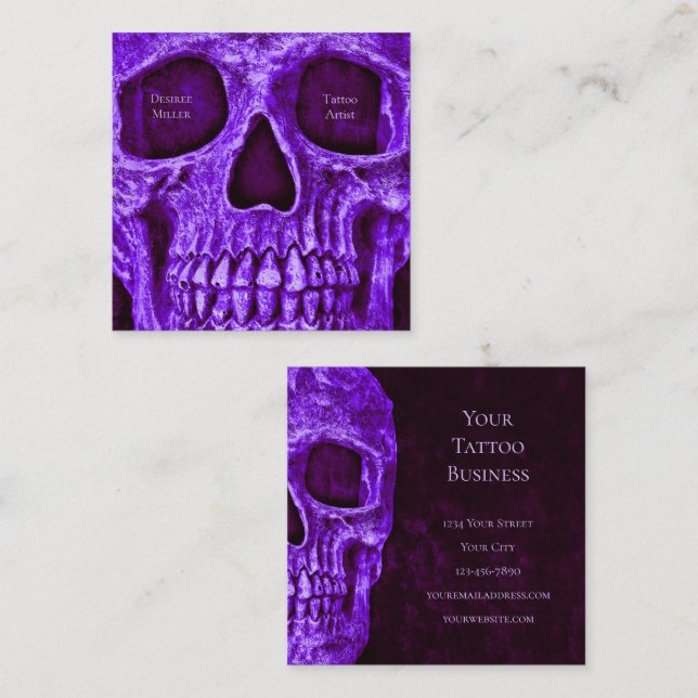 Gothic Skull Purple Burgundy Tattoo Shop Square Business Card (Front/Back)