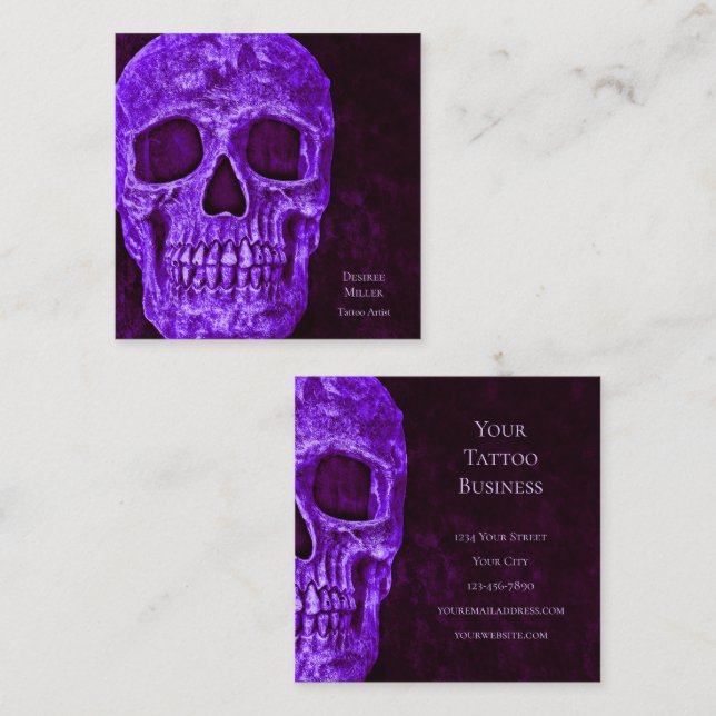 Gothic Skull Purple Burgundy Tattoo Shop Square Business Card (Front/Back)