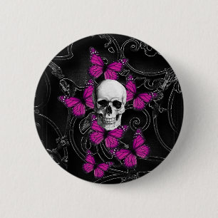 Gothic skull & purple butterflies 6 cm round badge