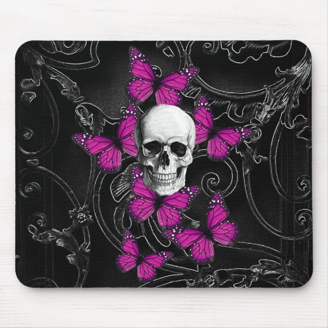 Gothic skull & purple butterflies mouse mat (Front)