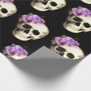  Gothic Skull Purple Rose Pattern Halloween Wrapping Paper