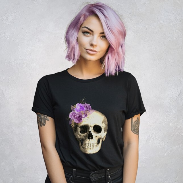 Gothic Skull Purple Roses Black T-Shirt (Creator Uploaded)