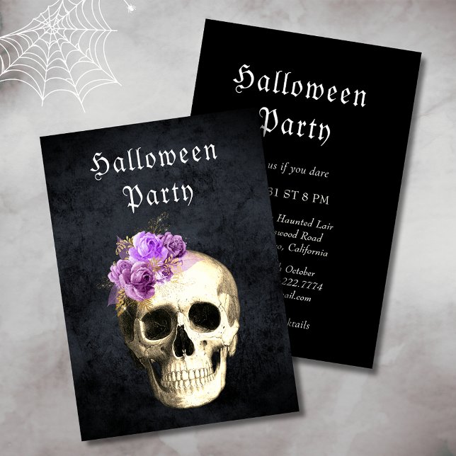  Gothic Skull Purple Roses Halloween Party Invitation (Creator Uploaded)