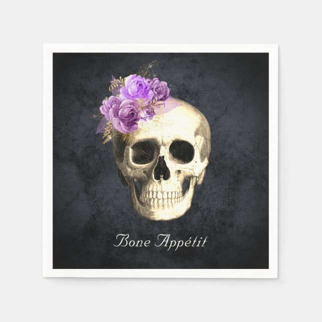 Gothic Skull Purple Roses Personalised Halloween Napkin (Front)