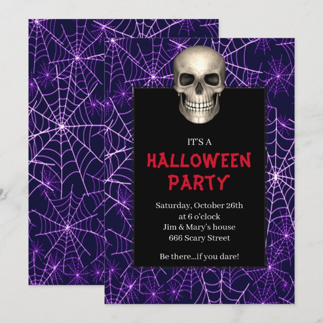 Gothic Skull Purple Spider Web Halloween Party Invitation (Front/Back)