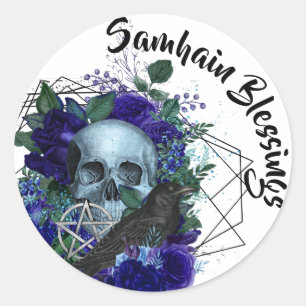 Gothic Skull & Raven Purple Samhain Blessings Classic Round Sticker