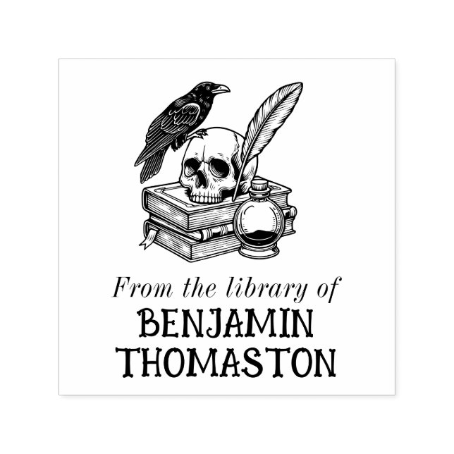 Gothic Skull, Raven, Quill & Ink Library Book Name Self-inking Stamp (Design)