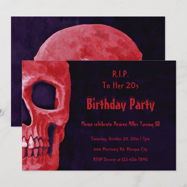 Gothic Skull Red Birthday RIP To Her 20s Invitation (Front/Back)
