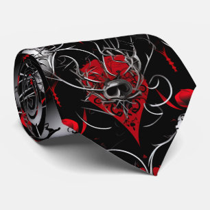 Gothic Skull Red Black and Gray Line Art Tie