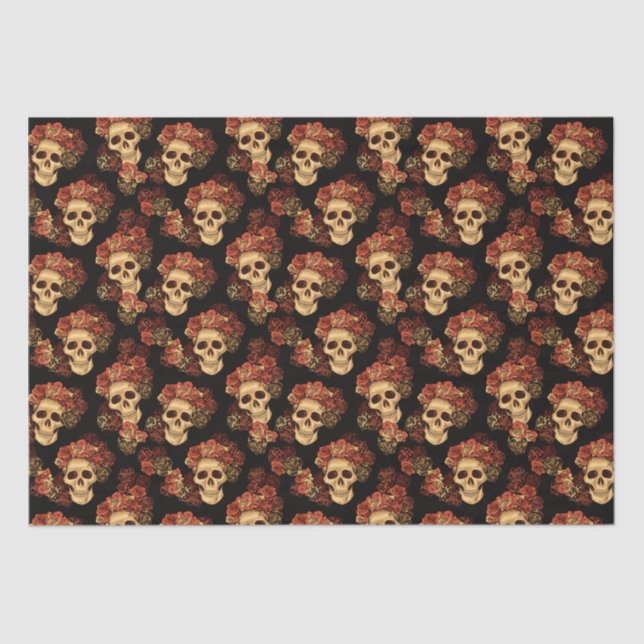 Gothic Skull Red Rose Black Halloween Pattern Tissue Paper (Front)