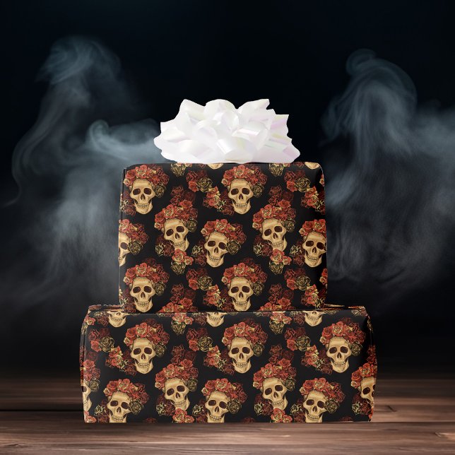 Gothic Skull Red Rose Black Halloween Pattern Wrapping Paper (Creator Uploaded)