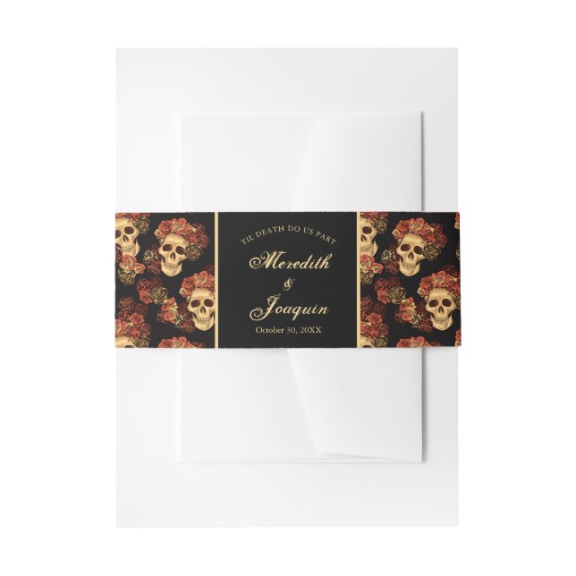 Gothic Skull Red Rose Black Halloween Wedding Invitation Belly Band (Front Example)