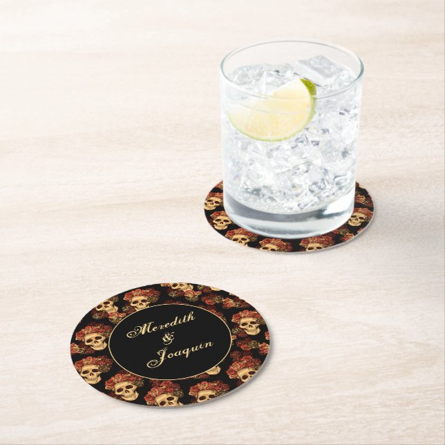Gothic Skull Red Rose Black Halloween Wedding Round Paper Coaster (Insitu)