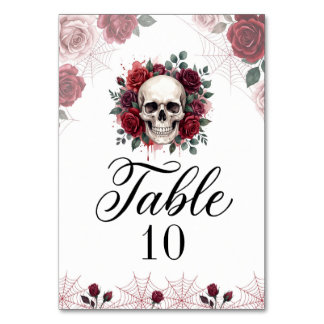 Gothic Skull Red Rose Halloween Table Number Card