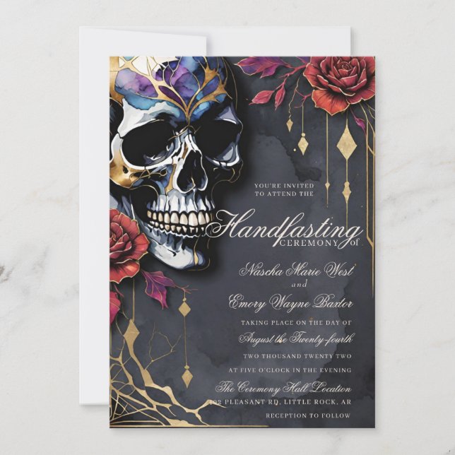 Gothic Skull & Red Roses Halloween Handfasting Invitation (Front)
