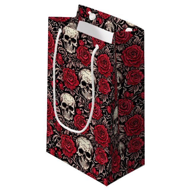 Gothic Skull & Red Roses Toile Pattern Small Gift Bag (Front Angled)