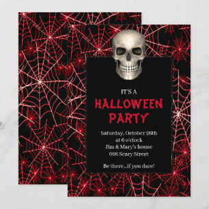 Gothic Skull Red Spider Web Halloween Party Invitation