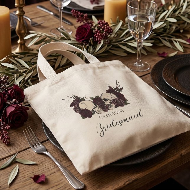 Gothic Skull & Rose Bridesmaid Mini Tote Bag (Moody soft gothic bridesmaid tote features hand-drawn skulls and roses for a dark romantic aesthetic)