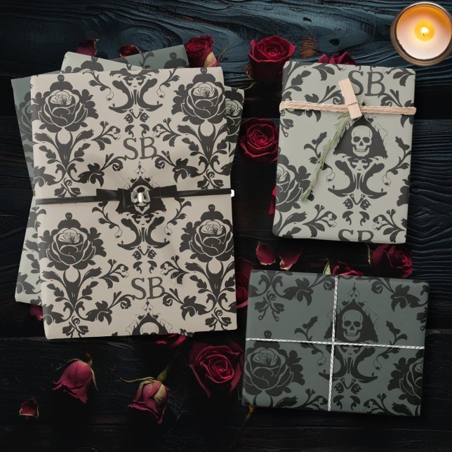 Gothic Skull & Rose Dark Victorian Damask Pattern Wrapping Paper Sheet (Creator Uploaded)