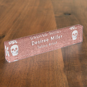 Gothic Skull Rose Gold White Modern Elegant Floral Nameplate