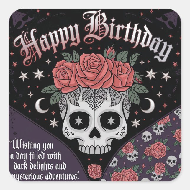 Gothic Skull & Roses Birthday Card  Square Sticker (Front)