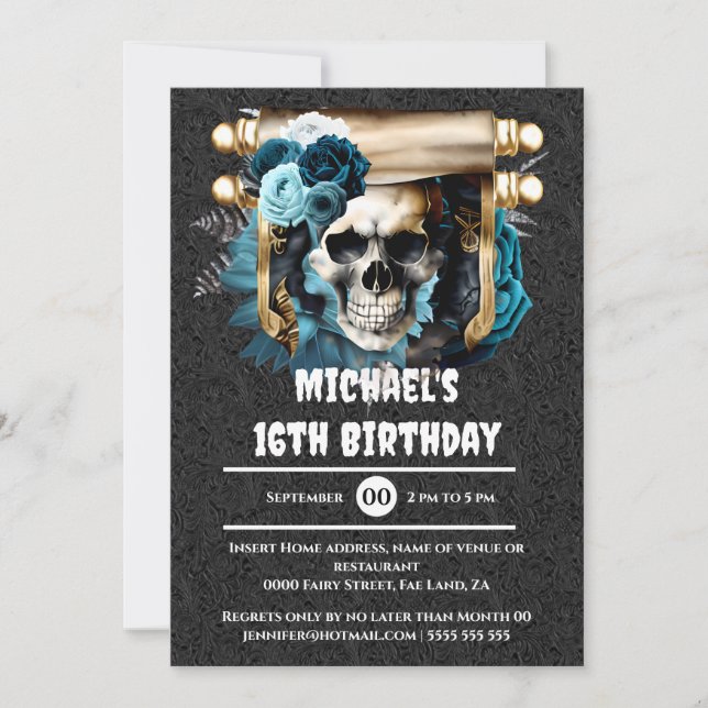 Gothic skull roses pirate kids adults leather blue invitation (Front)