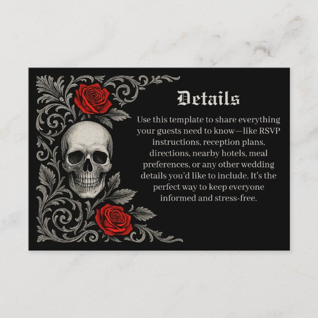 Gothic Skull Roses Wedding Details Enclosure Card (Front)