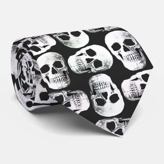 Gothic Skull Scary Black And White Pattern Design Tie (Rolled)