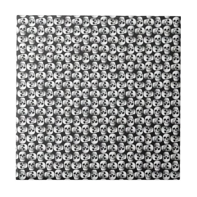 Gothic Skull Scary Black And White Pattern Design Tile (Front)