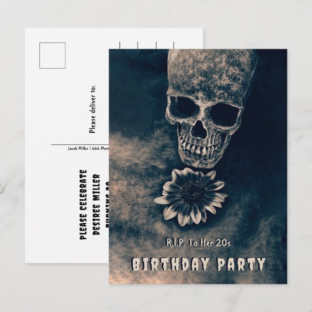 Gothic Skull Sunflower RIP To her 20s Invitation Postcard (Front/Back)
