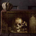 Gothic Skull Victorian Halloween Ephemera  Tissue Paper<br><div class="desc">Spooky macabre Victorian skull engraving with vase of flowers and snuff box on table with filigree ornament,  old Gothic church window and old handwritten script on gloomy distressed harlequin diamond sepia background. Suitable for Halloween decoupage or art projects.</div>