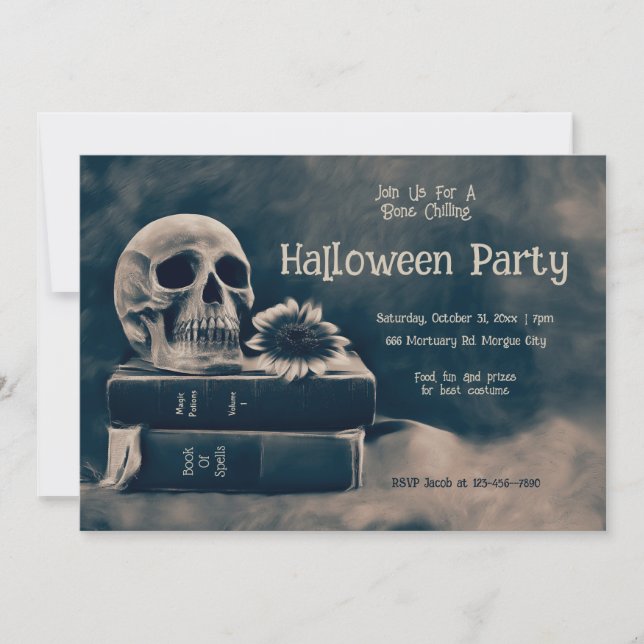 Gothic Skull Vintage Books Macabre Halloween Party Invitation (Front)
