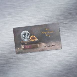 Gothic Skull Vintage Books Yellow Sunflower Magic Magnetic Business Card