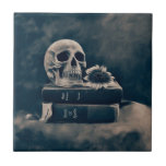Gothic Skull Vintage Old Books Cyanotype Sunflower Tile<br><div class="desc">Gothic skull head antique vintage black and white cyanotype old books sunflower Halloween ceramic wall tile. Typography reads Magic Potions Volume 1 and Book Of Spells. Image copyright Marg Seregelyi Photography.</div>