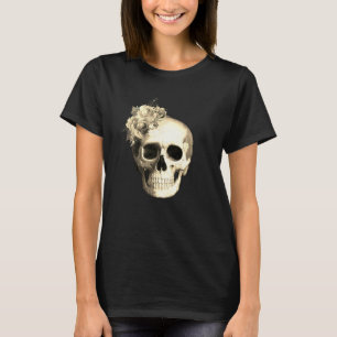 Gothic Skull White Roses Black T-Shirt