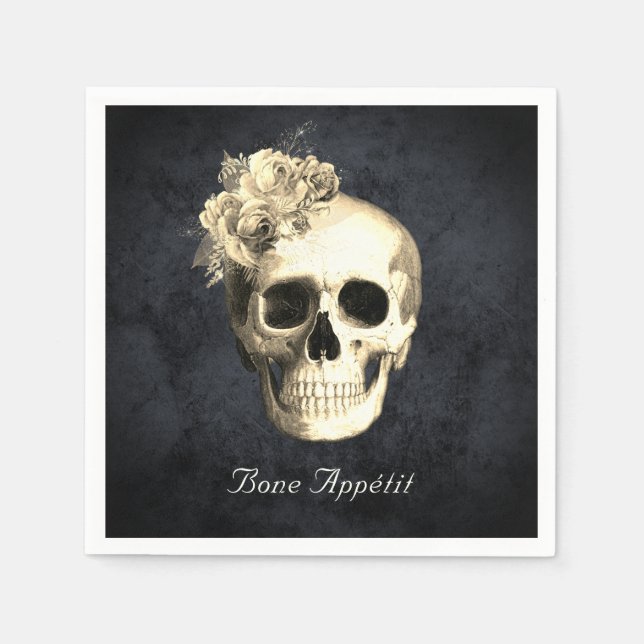 Gothic Skull White Roses Personalised Halloween Napkin (Front)